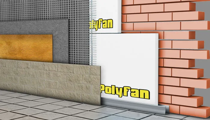 Muro exterior con placas de Polyfan, malla y revestimiento
